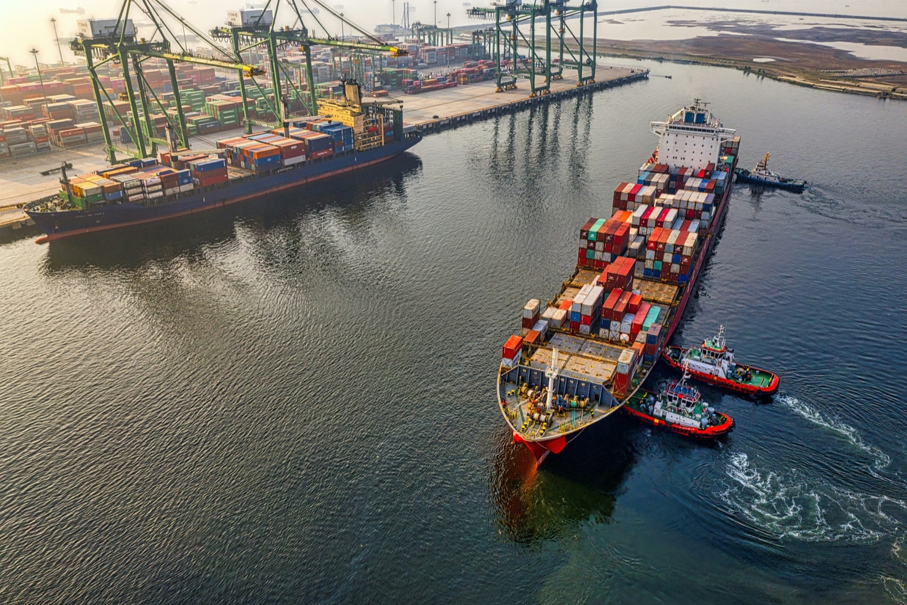 Commercial port and container terminal viewed from above