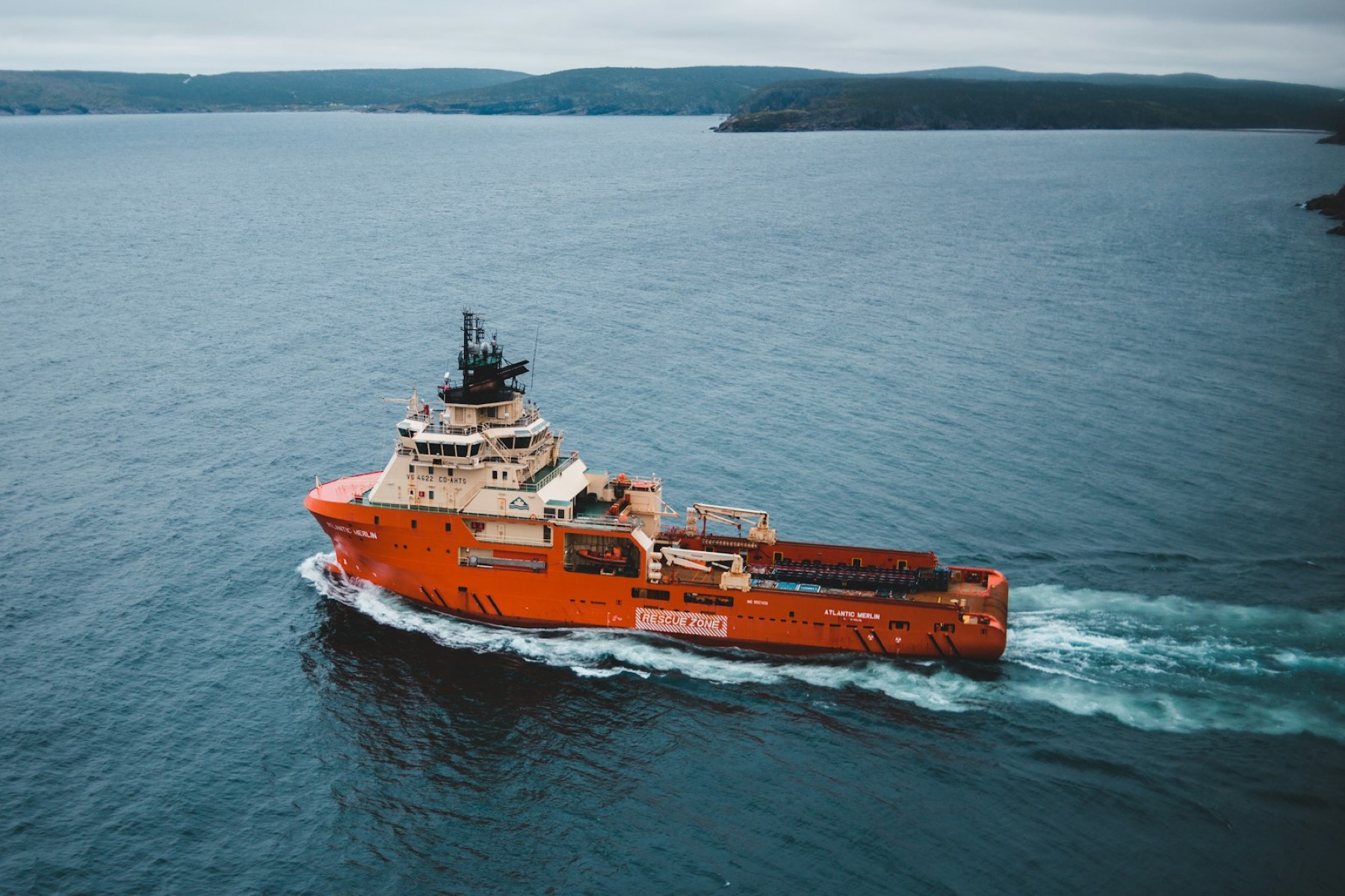 Offshore support vessel underway in coastal waters