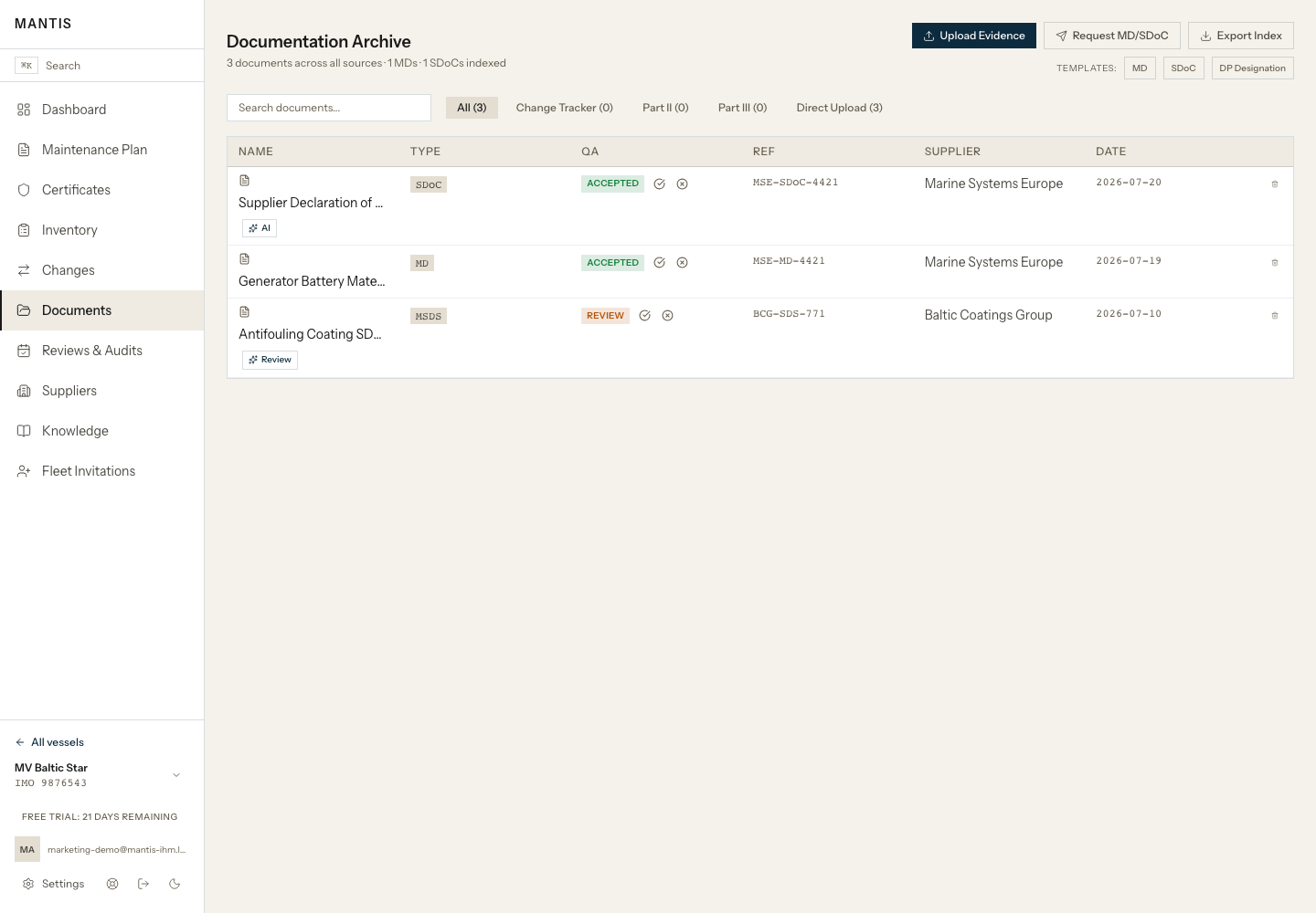 MANTIS documentation archive showing supplier declarations, document review states, references, suppliers, and dates