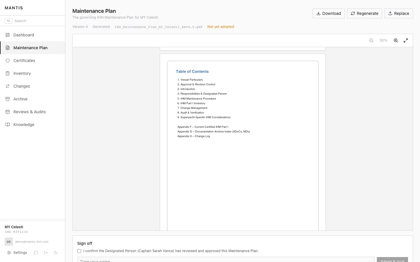 MANTIS Maintenance Plan — the generated IHM governing document, with version control and DP sign-off